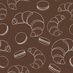 Croissants and macarons line drawing. Bakery sweet products doodle. Beige seamless pattern. Vector brown background with line icons. Croissant texture for package, wallpaper confectionery, textile.