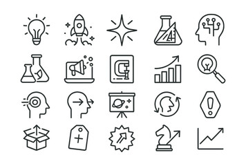 Line style icons of innovation and creativity: innovation lightbulb, creative boost, spark icon, design experiment, digital innovation, marketing lab, prototype icon, growth hack, idea test, vision
