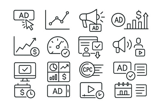 Line style icons of digital ads performance: CTR icon, impressions graph, ad reach, ad spend icon, ROI chart, engagement meter, conversion stat, frequency icon, ad delivery status, campaign overview,