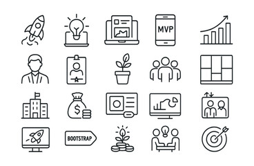 Fototapeta premium Line style icons of startups and digital ventures: startup launch, idea validation, pitch deck icon, MVP icon, early traction, founder icon, investor badge, growth stage, startup team, lean canvas,