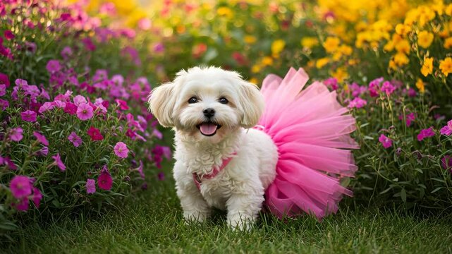 Cute dog wearing pink tutu smiling in colorful flower garden  