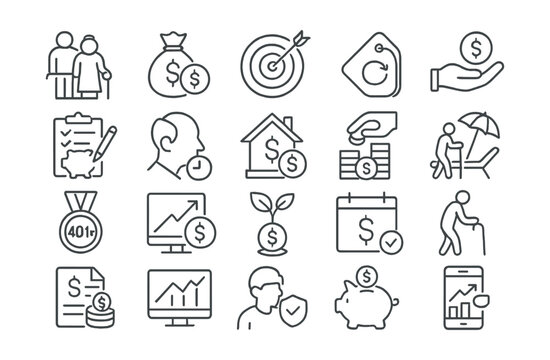 Line style icons of retirement and pension finance: retirement icon, pension fund, retirement goal, annuity tag, pension payout, retirement planning, retirement age, pension income, savings milestone