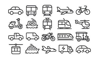 Line style icons of general transportation types: car icon, bus icon, train icon, airplane icon, bicycle icon, scooter icon, boat icon, tram icon, subway icon, helicopter icon, pickup truck, van icon