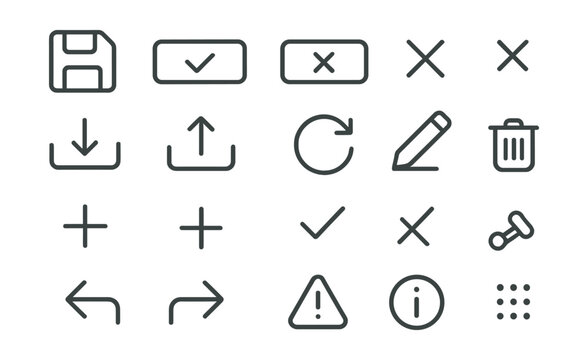Line style icons of buttons and actions: save button, submit button, cancel button, close icon, download arrow, upload icon, refresh arrow, edit pencil, delete trash, plus sign, minus sign, share