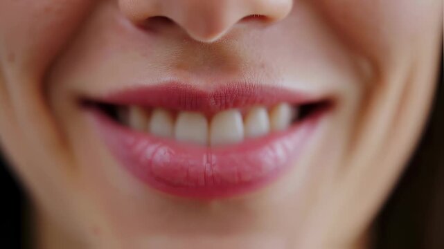 Detailed macro view of a person's lower face, focusing on the lips as they curve into a warm, slight smile. The nose is visible above, with light skin tones and subtle freckles.