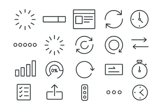 Line style icons of loading and progress: loading spinner, progress bar, skeleton screen, refresh icon, uploading dots, buffering icon, sync icon, clock loader, step tracker, loading percentage,