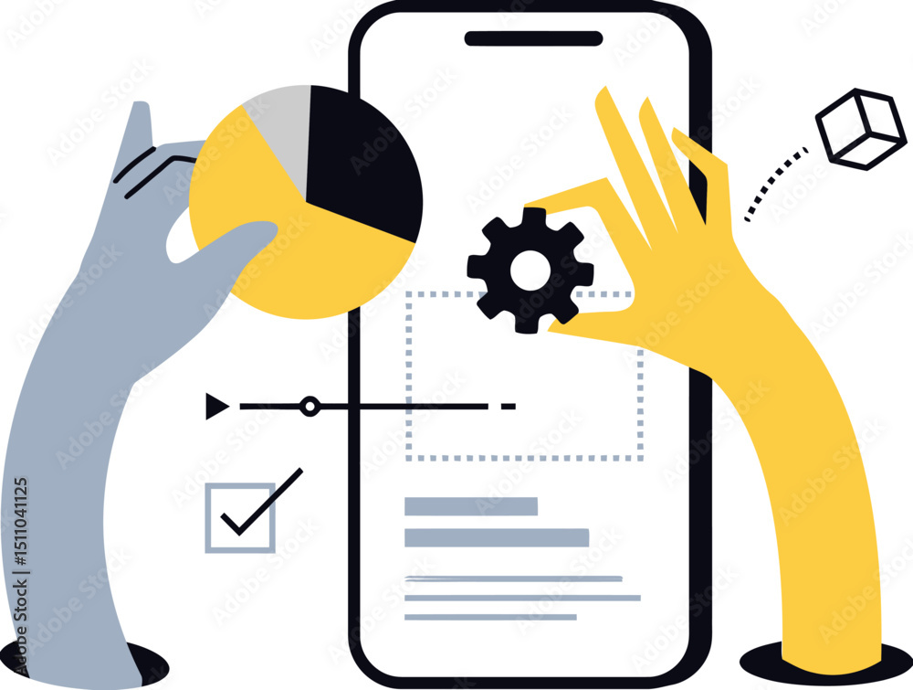 Poster mobile app development design ui ux hands pie chart gear settings configuration interface analysis v