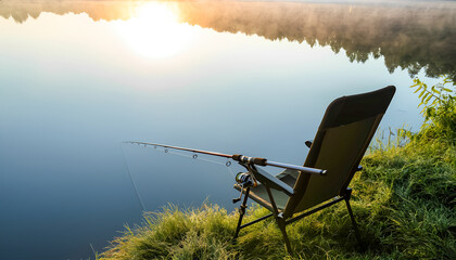 A fishing chair and rod stand on the shore of a calm lake at dawn. A light mist hangs over the water, the sun barely rising above the horizon, illuminating the shore.