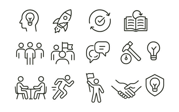 Line style icons of startup culture and values: startup mindset, fail fast icon, agile culture, learning loop, flat hierarchy, shared vision, open feedback, maker time, collaboration icon, early