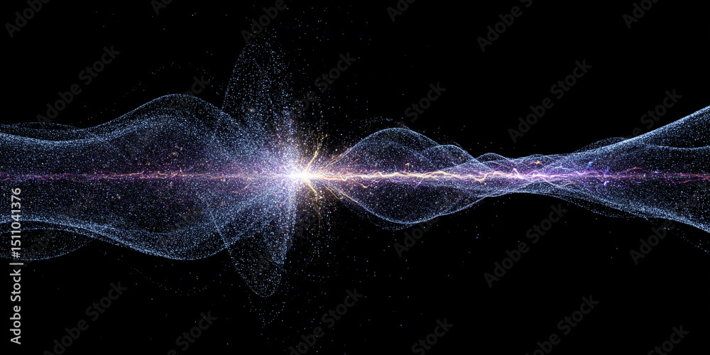 Poster abstract image of glowing particles forming wavy lines on black background, suggesting energy flow o