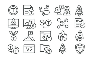 Line style icons of token launch and lifecycle: token concept, whitepaper icon, roadmap release, community build, presale launch, listing exchange, price discovery, token adoption, user feedback,