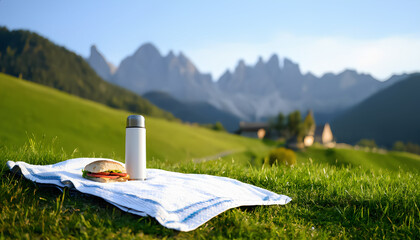 A white towel with blue stripes is laid out on the green grass, on which lie a sandwich and a silver thermos. Mountain peaks and a blue sky are visible in the background.