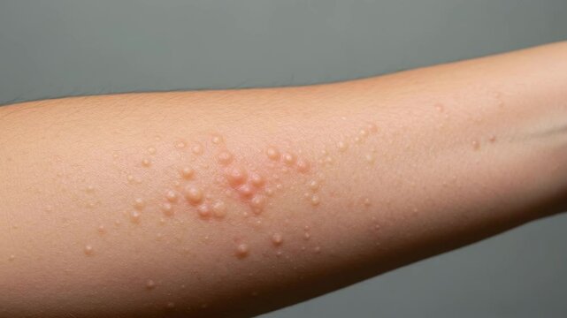 Skin with raised rash on forearm against a grey background  