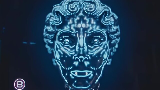 Close-up animation shows a stylized human face, like a classical statue, rendered in vibrant blue neon. It morphs with digital effects against a dark background, with a Bitcoin symbol present.
