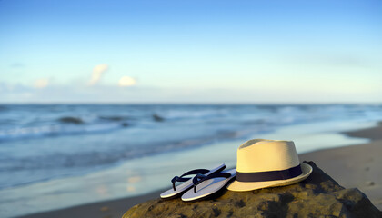 A light straw hat with a dark blue ribbon and a pair of dark flip-flops lie on a large rock on a sandy beach. The sea and blue sky are visible in the blurred background.