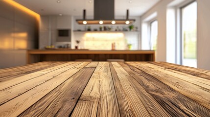 Fototapeta premium Rustic Wooden Tabletop in Modern Kitchen Setting