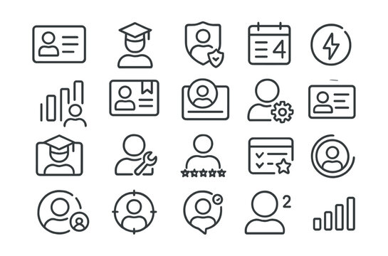 Line style icons of user and learner experience: user card, student avatar, learning badge, study streak, skill level, course status, learning profile, progress ring, student ID icon, account setup,