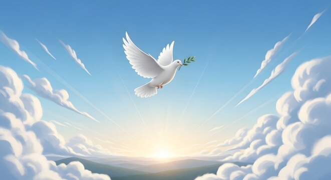 Serene White Dove Soaring Through Heavenly Clouds at Sunrise Peace Hope Spirituality Symbolism Artwork