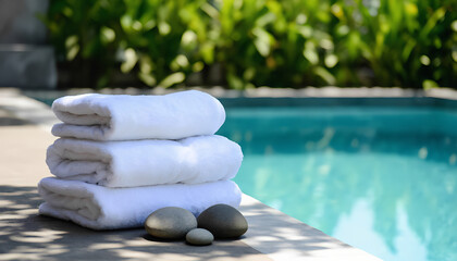 A stack of three folded white towels and several smooth grey stones lie on the edge of a pool of turquoise water against a backdrop of green foliage.