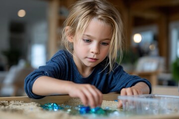 Fototapeta premium A focused young girl picks colorful marbles while playing in a sandbox, showcasing her creativity and focus, highlighting the importance of play and exploration in childhood development.