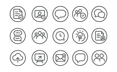 Line style icons of round collaboration tools: round shared doc, round video call, round message icon, round group task, round chat bubble, round discussion thread, round team comment, round async