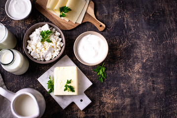 Dairy products. Milk, cottage cheese, cream, butter and yogurt