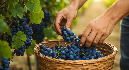 Vineyard worker's hands are carefully placing ripe blue grapes into wicker basket, surrounded by vibrant green vines and soft sunlight, illustrating art of grape harvesting in picturesque vineyard