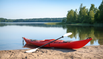 A bright red kayak with a white paddle lies on the sandy shore of a calm lake. In the background, green trees on the opposite shore and a blue sky are visible.