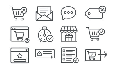 Line style icons of abandoned cart recovery: abandoned cart icon, reminder email, recovery message, discount to return, retargeting ad, cart item saved, cart recovery timer, follow-up offer, cart