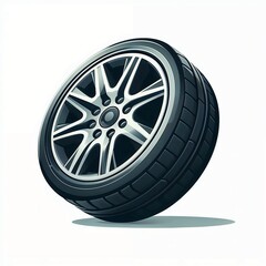 Car wheel with tire and alloy rim in a modern flat design style with copy space