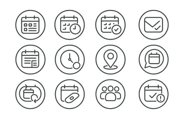 Line style icons of round event scheduling: round event icon, round schedule icon, round add event, round RSVP icon, round event details, round time picker, round location tag, round event bubble,