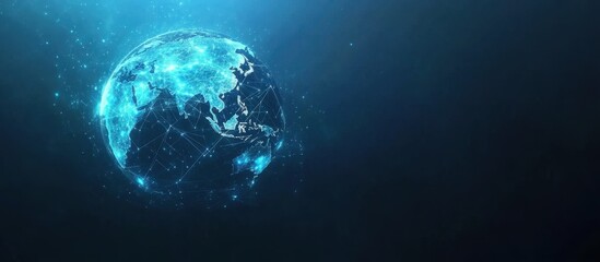 Abstract digital blue background with a globe made of glowing data connections, a cyber technology concept for global network and connectivity, a world map Generative AI