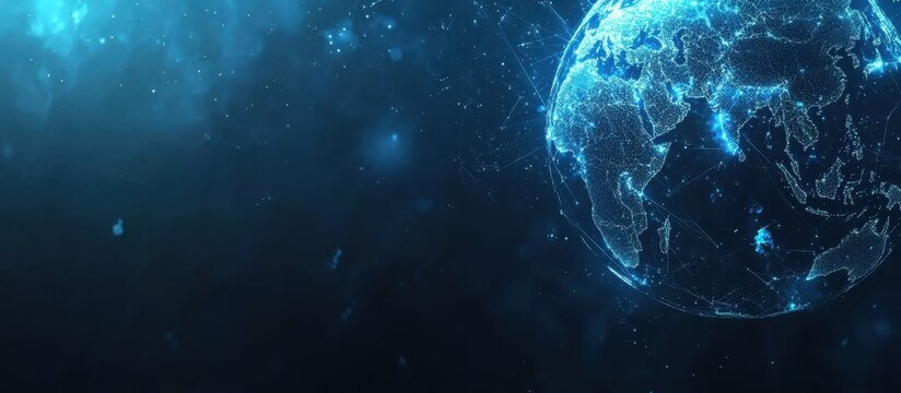 Abstract digital blue background with a globe made of glowing data connections, a cyber technology concept for global network and connectivity, a world map Generative AI