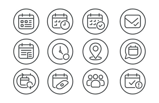 Line style icons of round event scheduling: round event icon, round schedule icon, round add event, round RSVP icon, round event details, round time picker, round location tag, round event bubble,