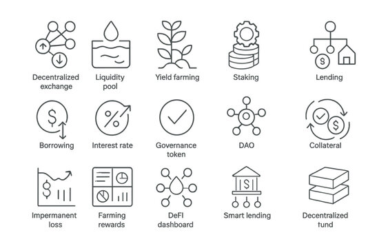 Line style icons of DeFi (Decentralized Finance): decentralized exchange, liquidity pool, yield farming, staking icon, lending protocol, borrowing token, interest rate, governance token, DAO icon,