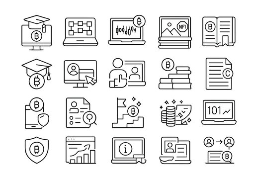 Line style icons of crypto education and onboarding: learn crypto, blockchain basics, how to trade, what is NFT, crypto glossary, crypto academy, wallet tutorial, beginner guide, crypto terms,
