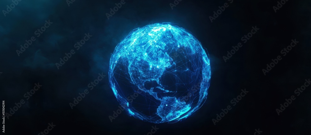 Poster abstract digital blue background with a globe made of glowing data connections, representing technol