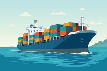 Cargo Ship Carrying Containers in the Sea Vector Illustration