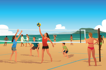 Family Playing Beach Volleyball in the Summer Vector Illustration