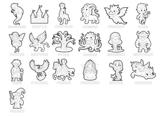 Fictional Fantasy Characters Cartoon Outline Black and White Vector Illustration
