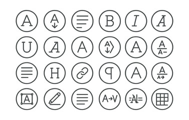Line style icons of round typography and text: round type icon, round font selector, round text alignment, round bold icon, round italic icon, round underline icon, round line spacing, round letter