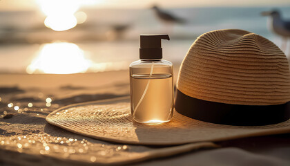 A clear bottle of sunscreen spray sits on a straw hat with a black ribbon on a sandy beach. The sea, the setting sun and silhouettes of seagulls are visible in the blurred background.