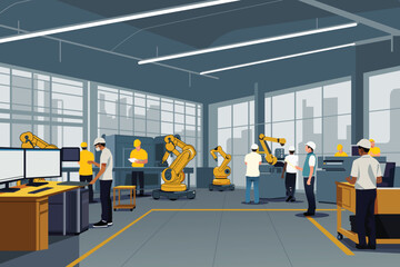 Modern Manufacturing with Mix of People and Robots Vector Illustration
