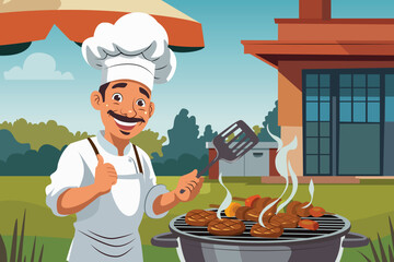 Barbeque Chef Grilling Steak Vector Illustration
