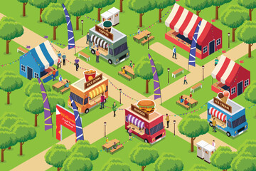 Isometric Food Truck Festival Vector Illustration