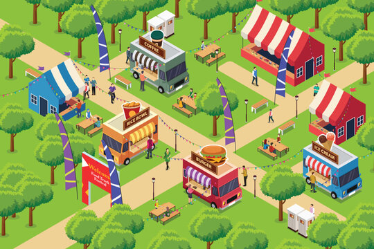 Isometric Food Truck Festival Vector Illustration