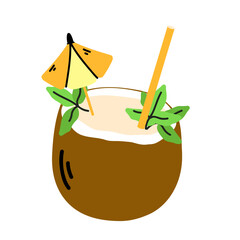 Coconut with straw and umbrella. Flat vector illustration. Нand drawing