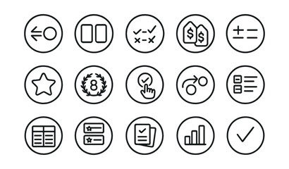 Line style icons of round product comparison: round compare icon, round side-by-side, round feature match, round price compare, round pros and cons, round review star, round score badge, round best