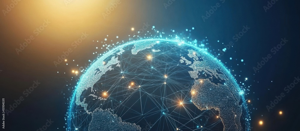Poster digital technology background with a blue digital globe, data network, and global connection concept