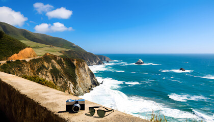 An antique camera and sunglasses sit on a parapet overlooking the rocky Pacific Ocean shore, a winding coastal road and a blue sky with clouds.